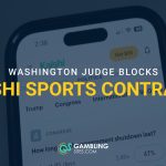 Kalshi app on a smartphone with text reading “Washington Judge Blocks Kalshi Sports Contracts.”