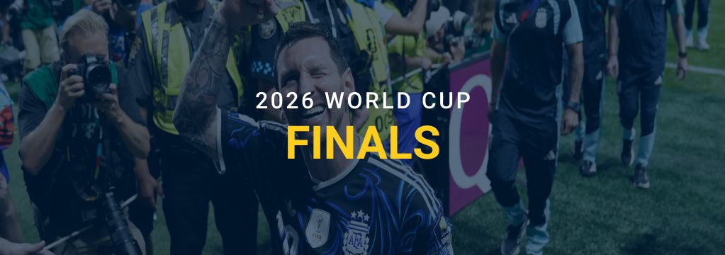 Lionel Messi raises his fist while walking off the field, with text reading “2026 World Cup Finals.”
