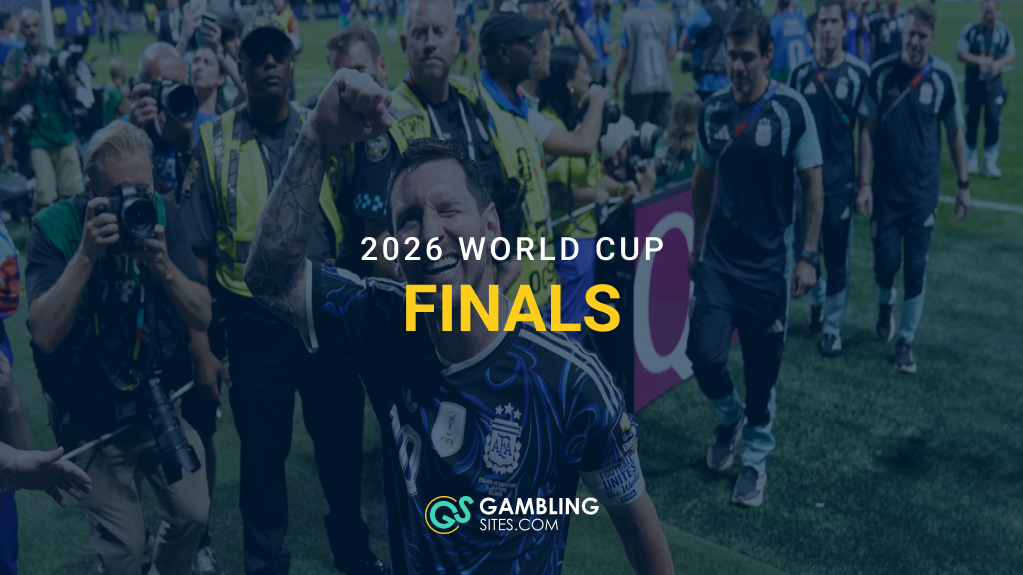 Lionel Messi raises his fist while walking off the field, with text reading “2026 World Cup Finals.”