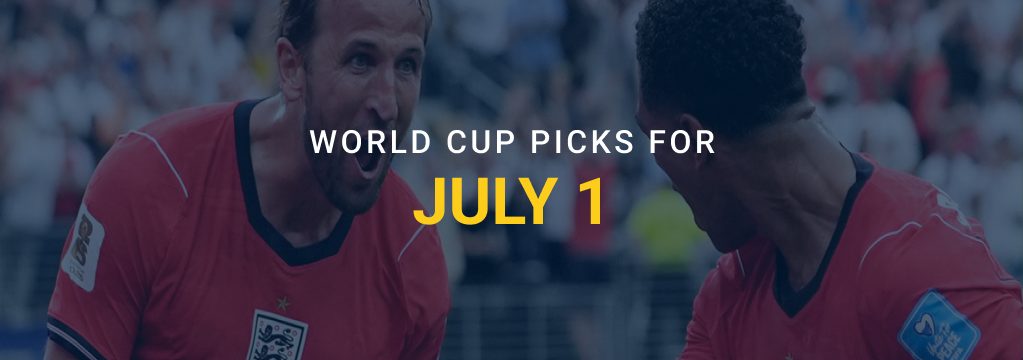 England soccer players celebrating on a World Cup picks graphic for July 1.