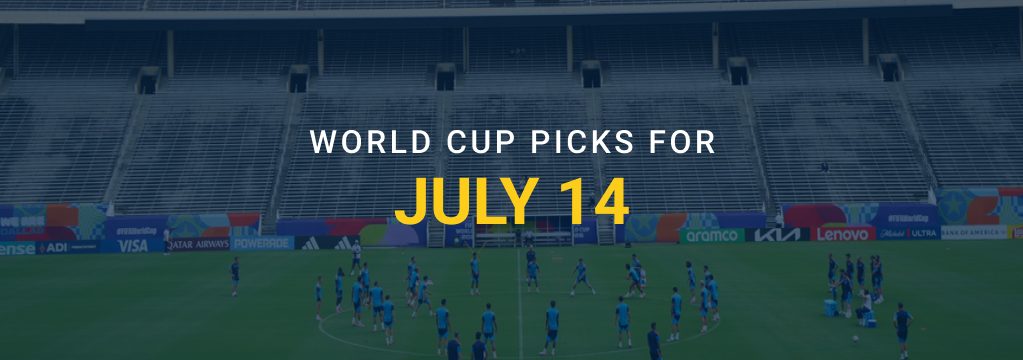 World Cup players train in an empty stadium beneath text reading “World Cup Picks for July 14.”