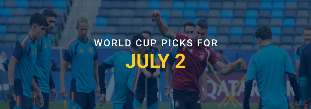 Spain players train on a soccer field with overlaid text reading “World Cup Picks for July 2” and the GamblingSites.com logo.