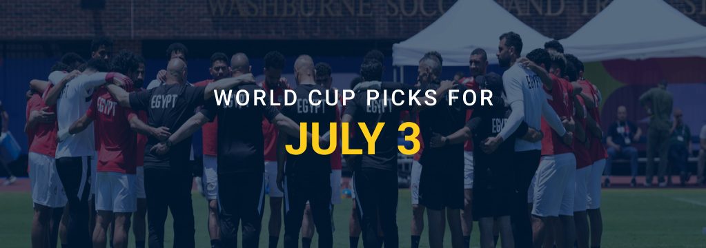 Egypt’s soccer team huddles on the field with text reading “World Cup Picks for July 3” and the GamblingSites.com logo.