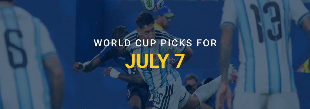 Soccer players contest a header during a match with overlaid text reading “World Cup Picks for July 7” and the GamblingSites.com logo.