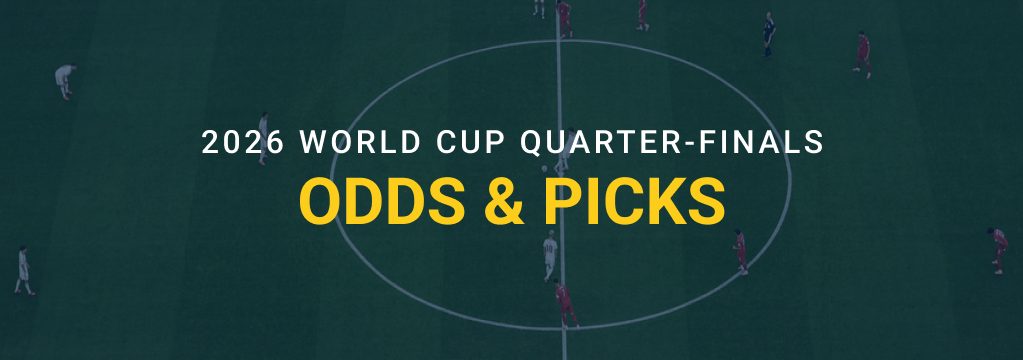 Aerial view of a soccer pitch with overlay text reading “2026 World Cup Quarter-Finals Odds & Picks” and a GamblingSites.com logo at the bottom.