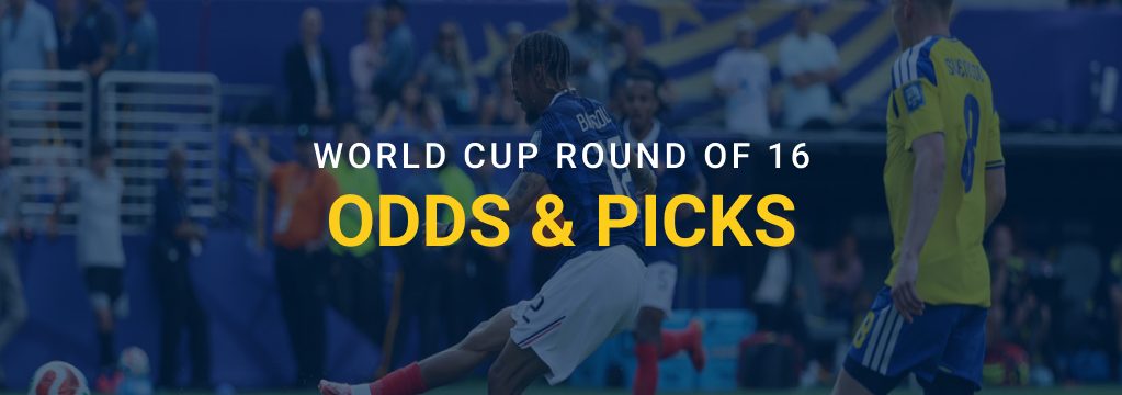 Soccer player in a blue kit kicks the ball against a player in a yellow kit, with text reading “World Cup Round of 16 Odds & Picks.”