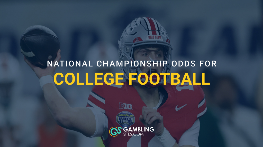 Ohio State quarterback prepares to throw beneath text reading “National Championship Odds for College Football.”