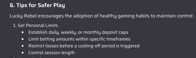 Lucky Rebel responsible gaming tips