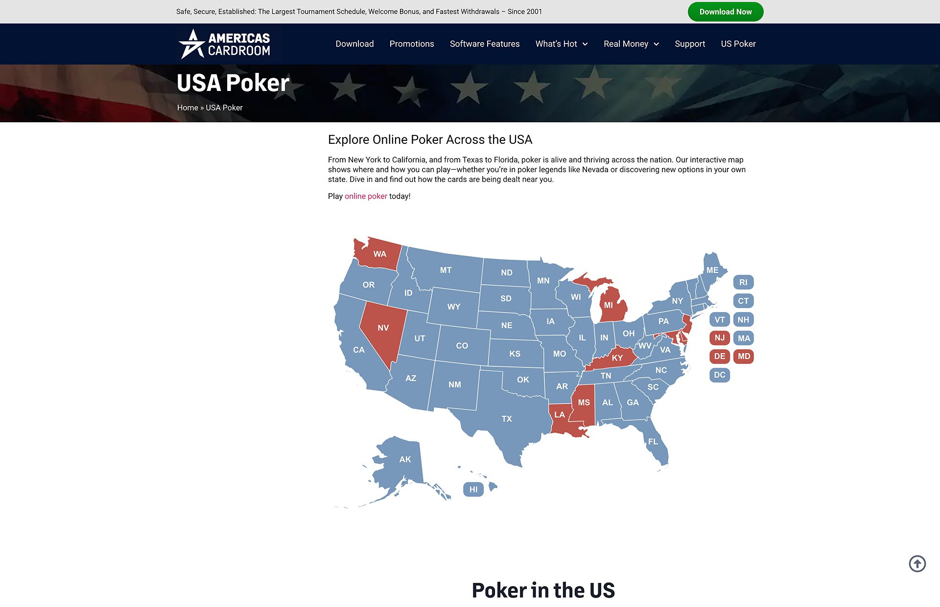 Americas Cardroom US poker legality page screenshot