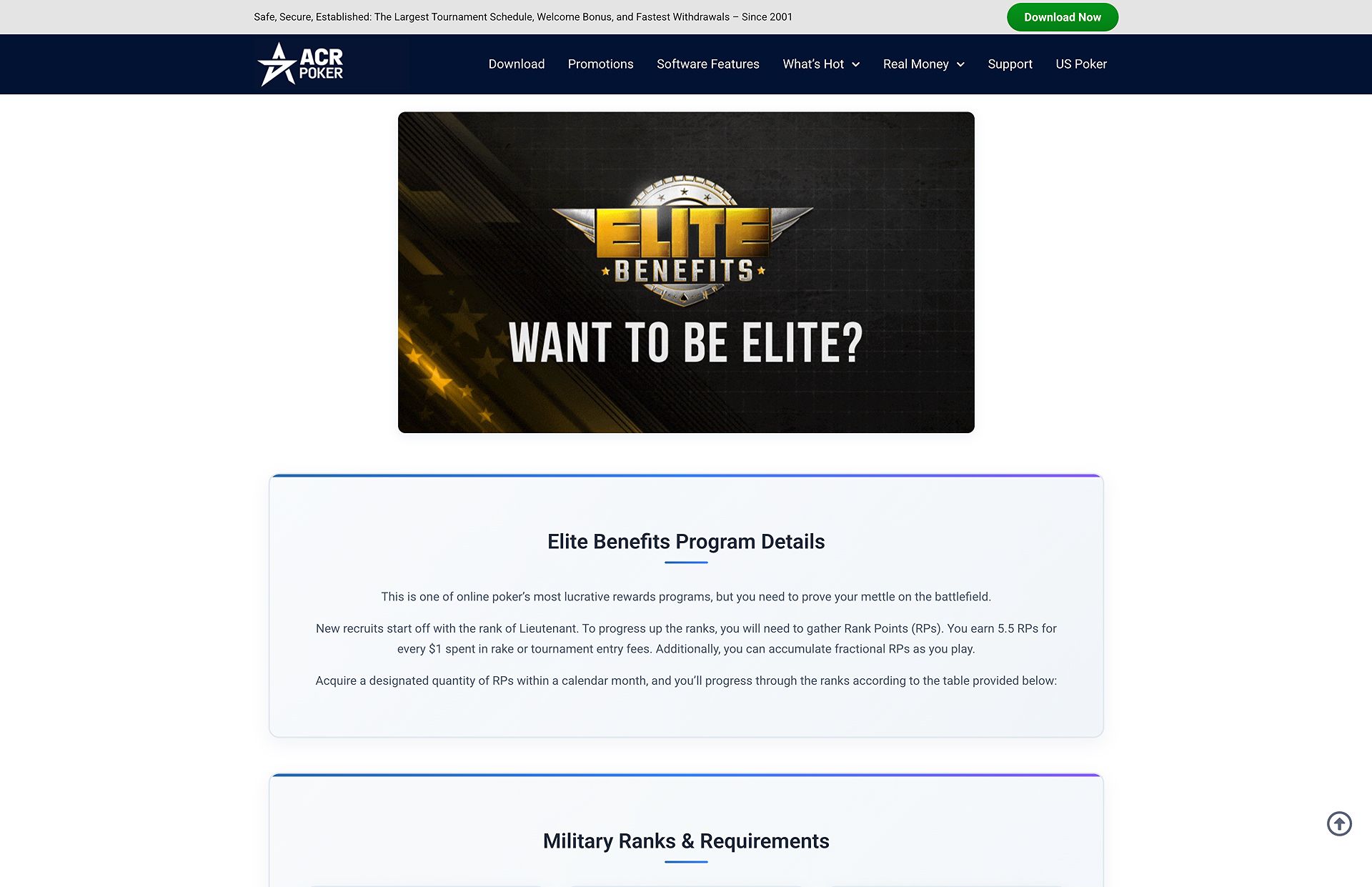 Americas Cardroom Elite Benefits information page screenshot