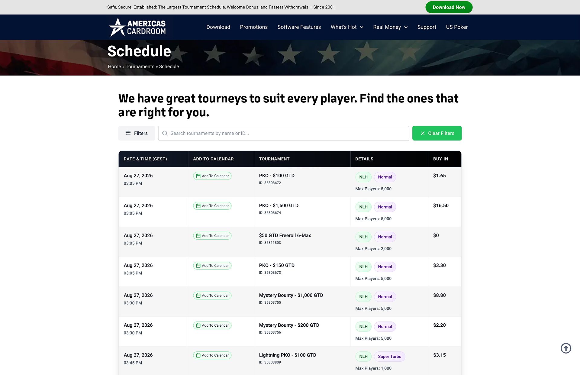 Americas Cardroom tournament schedule page screenshot