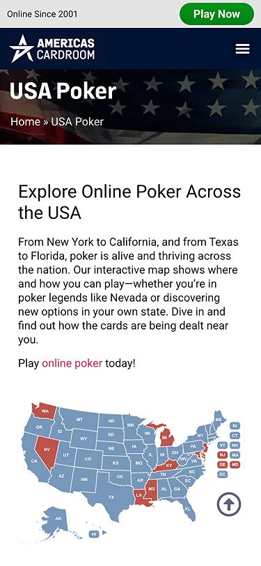 Americas Cardroom US poker legality mobile page screenshot