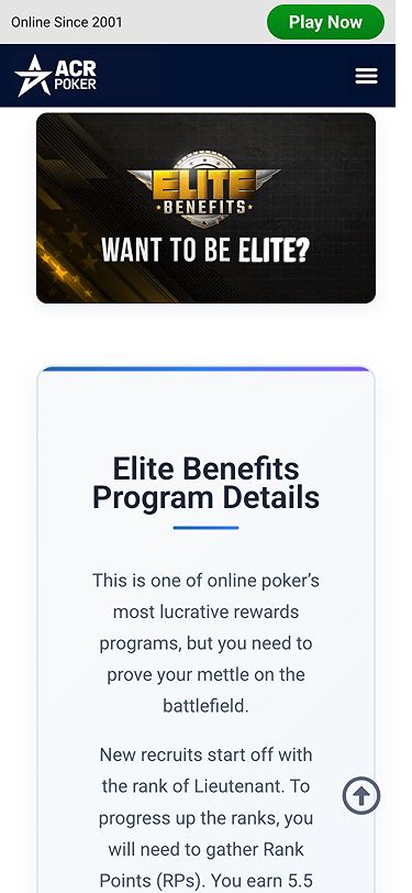 Americas Cardroom Elite Benefits information page mobile screenshot