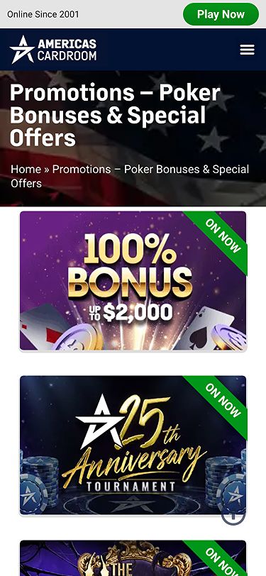 Americas Cardroom promotions page mobile screenshot
