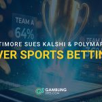 Graphic reading “Baltimore Sues Kalshi & Polymarket Over Sports Betting” over an image of a trophy and sports betting odds displayed above a smartphone.