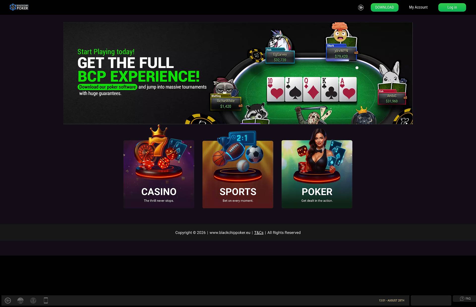 Black Chip Poker homepage screenshot, poker table with links to poker, casino, and sportsbook sections