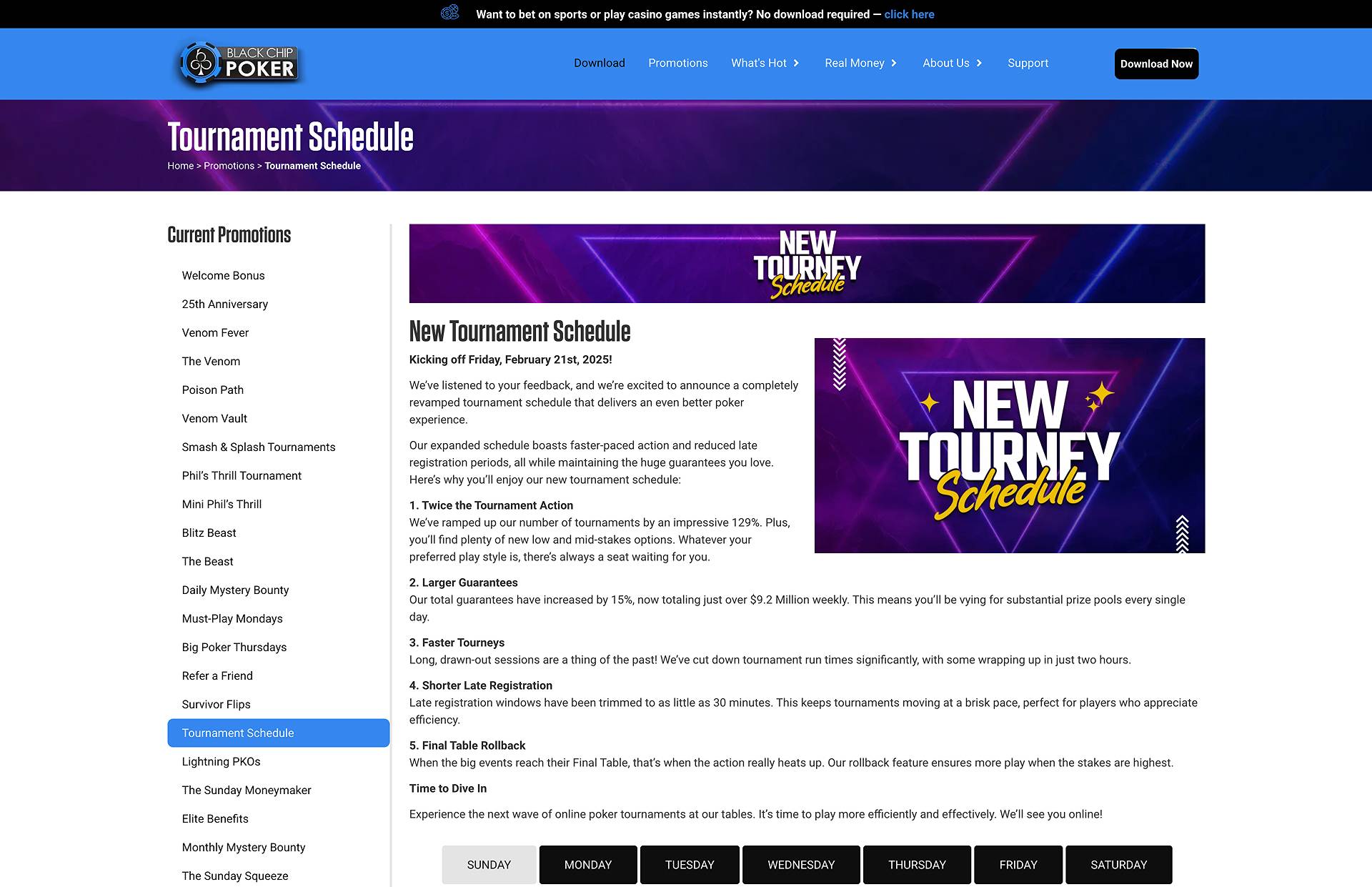 Black Chip Poker tournament schedule page screenshot