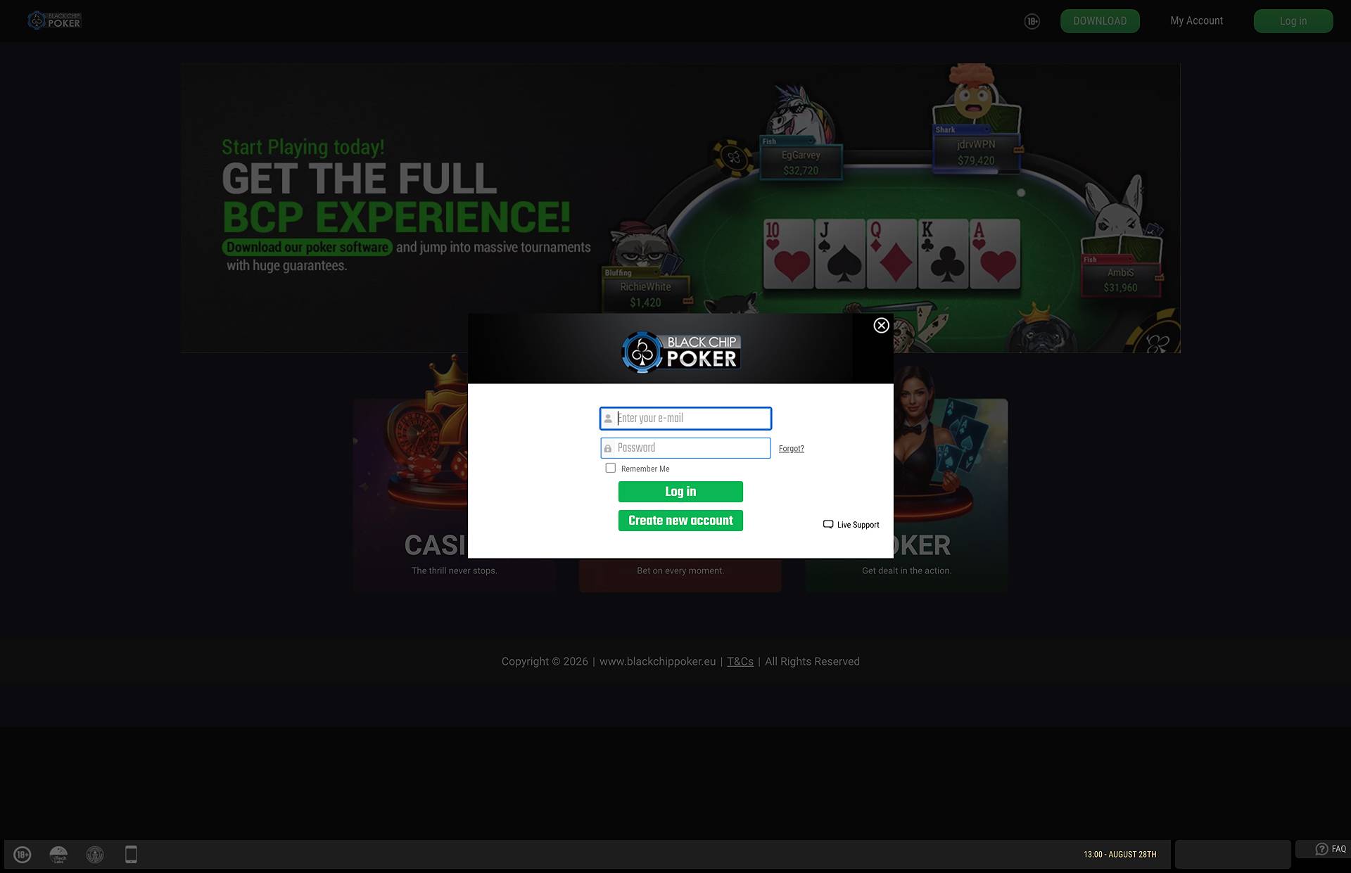 Black Chip Poker signup page screenshot