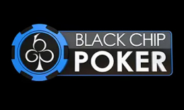Black Chip Poker logo, white text and blue logo on black background