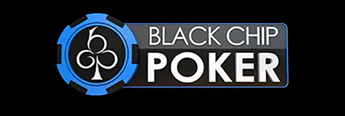 Black Chip Poker logo, White text and blue logo on black background