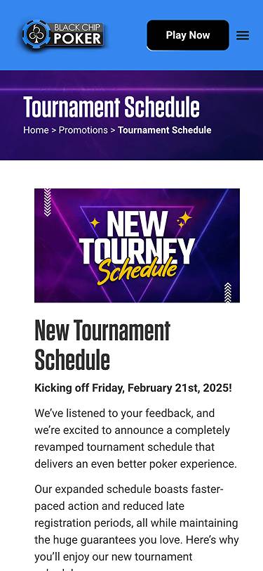 Black Chip Poker tournaments schedule page mobile screenshot