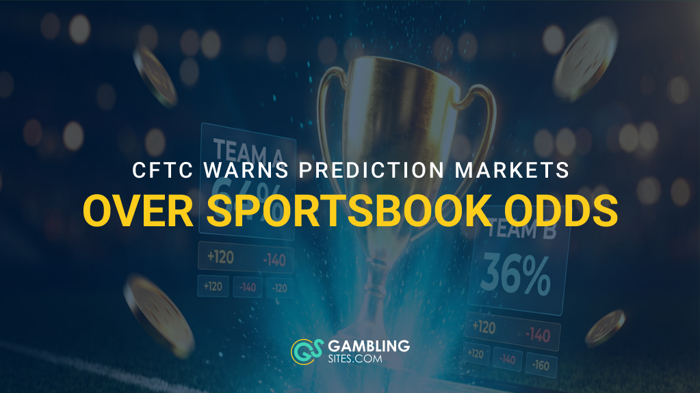 Sports trophy surrounded by odds displays and coins, with text reading “CFTC Warns Prediction Markets Over Sportsbook Odds.”