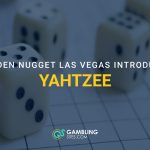 White dice on a game board with text announcing Golden Nugget Las Vegas is introducing Yahtzee.