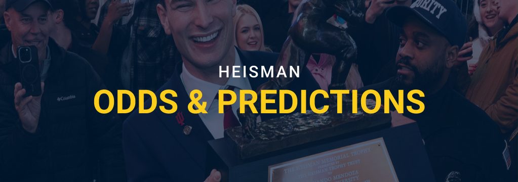 Fernando Mendoza smiles while holding the Heisman Trophy amid a crowd, with text reading “Heisman Odds & Predictions.”