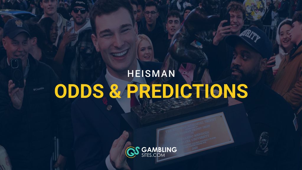 Fernando Mendoza smiles while holding the Heisman Trophy amid a crowd, with text reading “Heisman Odds & Predictions.”