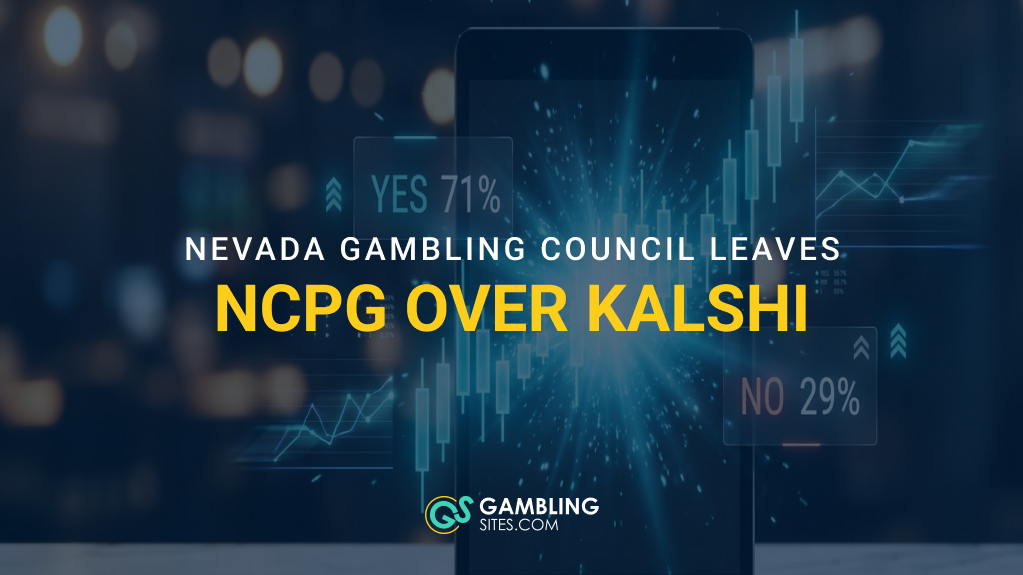 Prediction market trading graphic with text reading “Nevada Gambling Council Leaves NCPG Over Kalshi.”