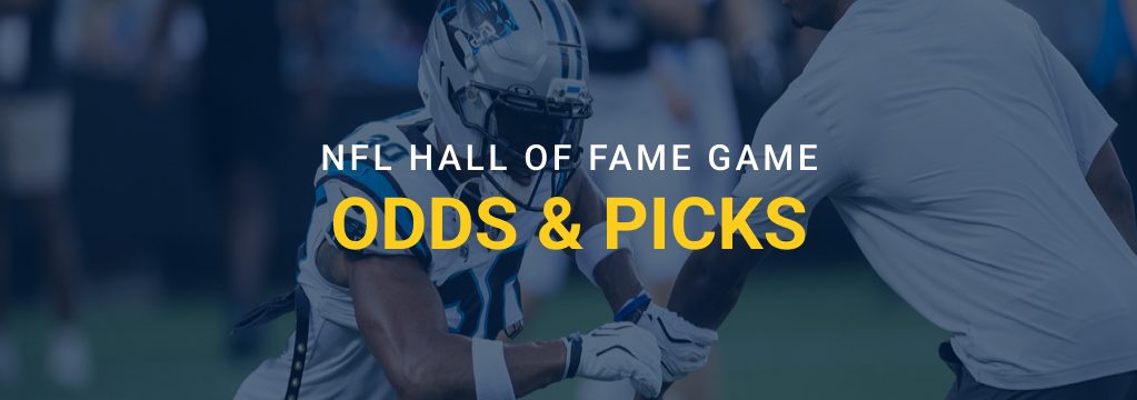 Alt text: NFL Hall of Fame Game promotional graphic featuring Carolina Panthers players during practice with the headline "NFL Hall of Fame Game Odds & Picks" and the GamblingSites.com logo.
