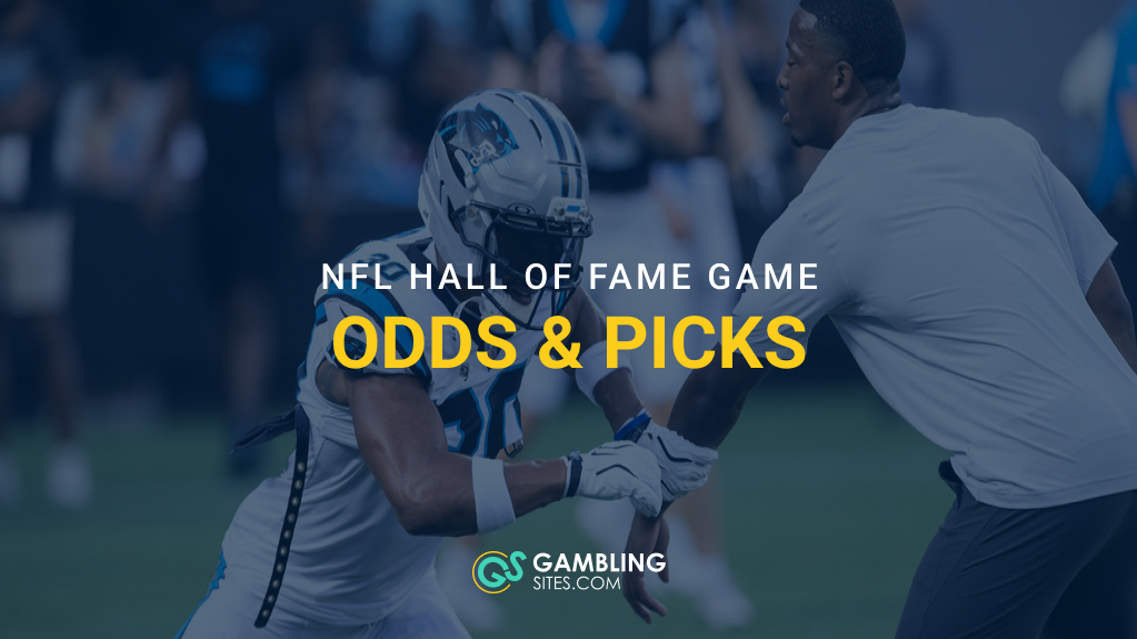 Alt text: NFL Hall of Fame Game promotional graphic featuring Carolina Panthers players during practice with the headline "NFL Hall of Fame Game Odds & Picks" and the GamblingSites.com logo.