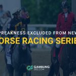 Jockey and outrider on horseback with text reading “Preakness Excluded From New Horse Racing Series.”