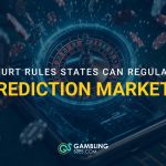 Roulette wheel and phone graph with "Court rules states can regulate prediction market" text underneath