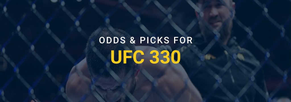 UFC fighter grappling inside the Octagon with “Odds & Picks for UFC 330” text overlay.