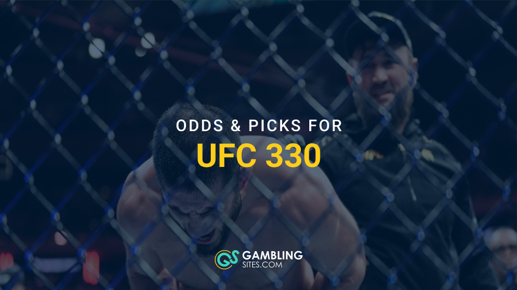 UFC fighter grappling inside the Octagon with “Odds & Picks for UFC 330” text overlay.
