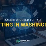 Graphic reading “Kalshi Ordered to Halt Betting in Washington” over an image of a laptop displaying prediction market and voting graphics.