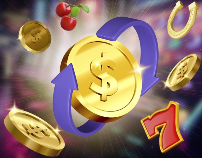DuckyLuck Casino cashback offer graphic, gold coin with purple arrows