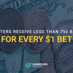 Graphic of U.S. coins on dollar bills with the text “Bettors receive less than 75¢ back for every $1 bet.”