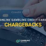 A hand holds a credit card over a payment terminal, with the headline “Online Gambling Credit Card Chargebacks.”