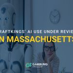 A robot stands beside a woman beneath the text “DraftKings’ AI Use Under Review in Massachusetts.”