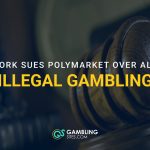 A judge’s gavel behind the headline “New York Sues Polymarket Over Alleged Illegal Gambling.”