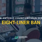Two people playing eight-liner machines with text reading “San Antonio Councilwoman Seeks Eight-Liner Ban.”