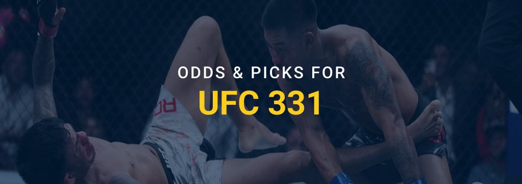 Two UFC fighters grapple on the mat beneath the text “Odds & Picks for UFC 331.”