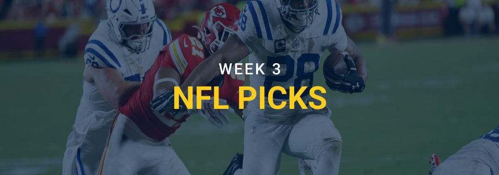 Indianapolis Colts running back carries the ball against the Kansas City Chiefs, with text reading “Week 3 NFL Picks.”