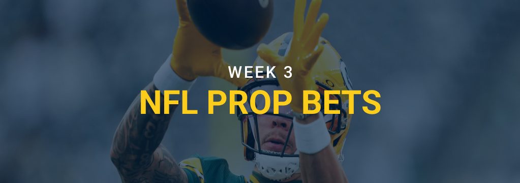 Green Bay Packers player reaching for a football beneath the text “Week 3 NFL Prop Bets.”