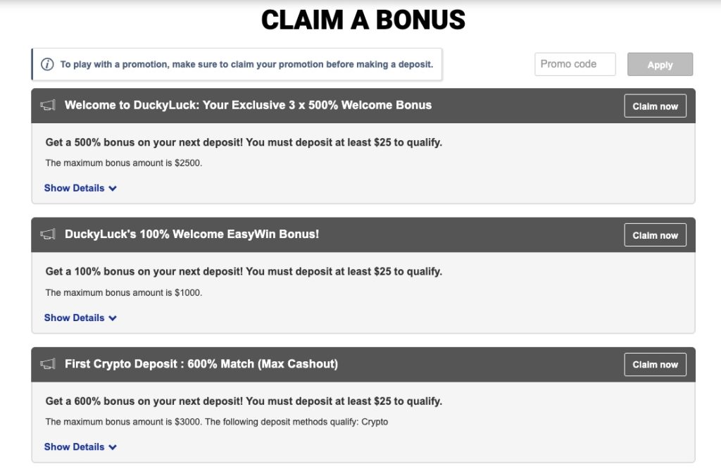 DuckyLuck bonus page displaying 500% welcome bonuses, a 100% EasyWin bonus, and a 600% first crypto deposit match.