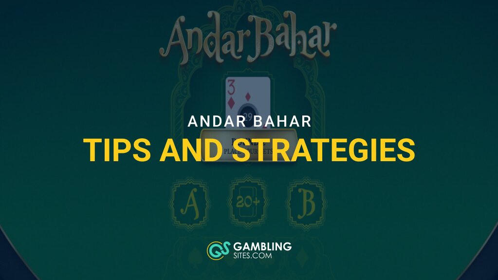 Andar Bahar game table with a three of diamonds, overlaid with “Andar Bahar Tips and Strategies” text and the GamblingSites.com logo.