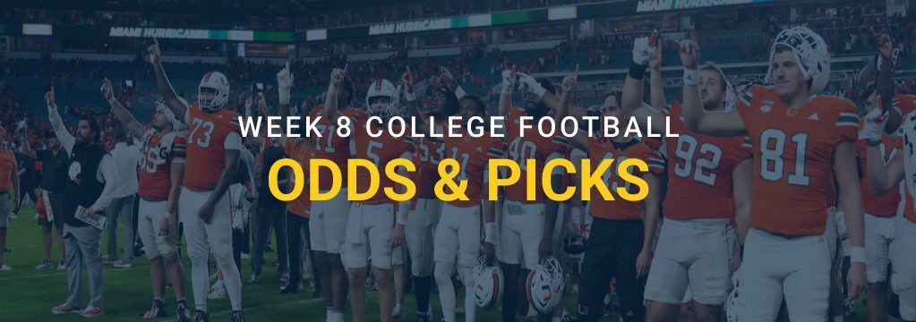 Miami Hurricanes players on the field with text reading “Week 8 College Football Odds & Picks.”