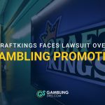 DraftKings logo on an office wall with text reading “DraftKings faces lawsuit over AI gambling promotions.”